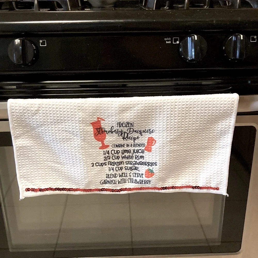 Strawberry Daiquiri Recipe Bar Waffle Towel – Red Bling Embellished 15.5 x 16 in